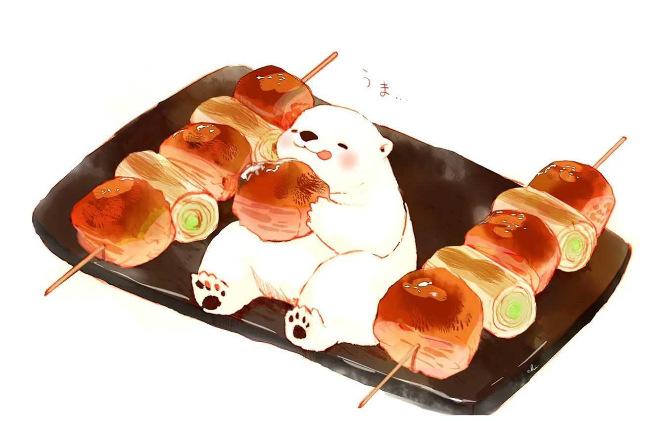 Photo wallpaper white background, sitting, yummy, white bear, on the stand, Lakomka, stuck out his tongue, meat …