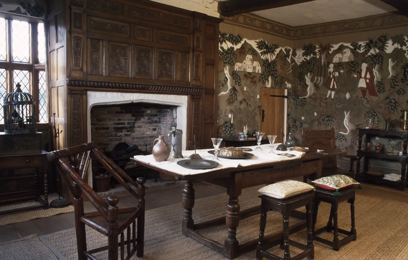 Photo wallpaper design, interior, fireplace, dining room, English style, Blakesley Hall, Birmindham