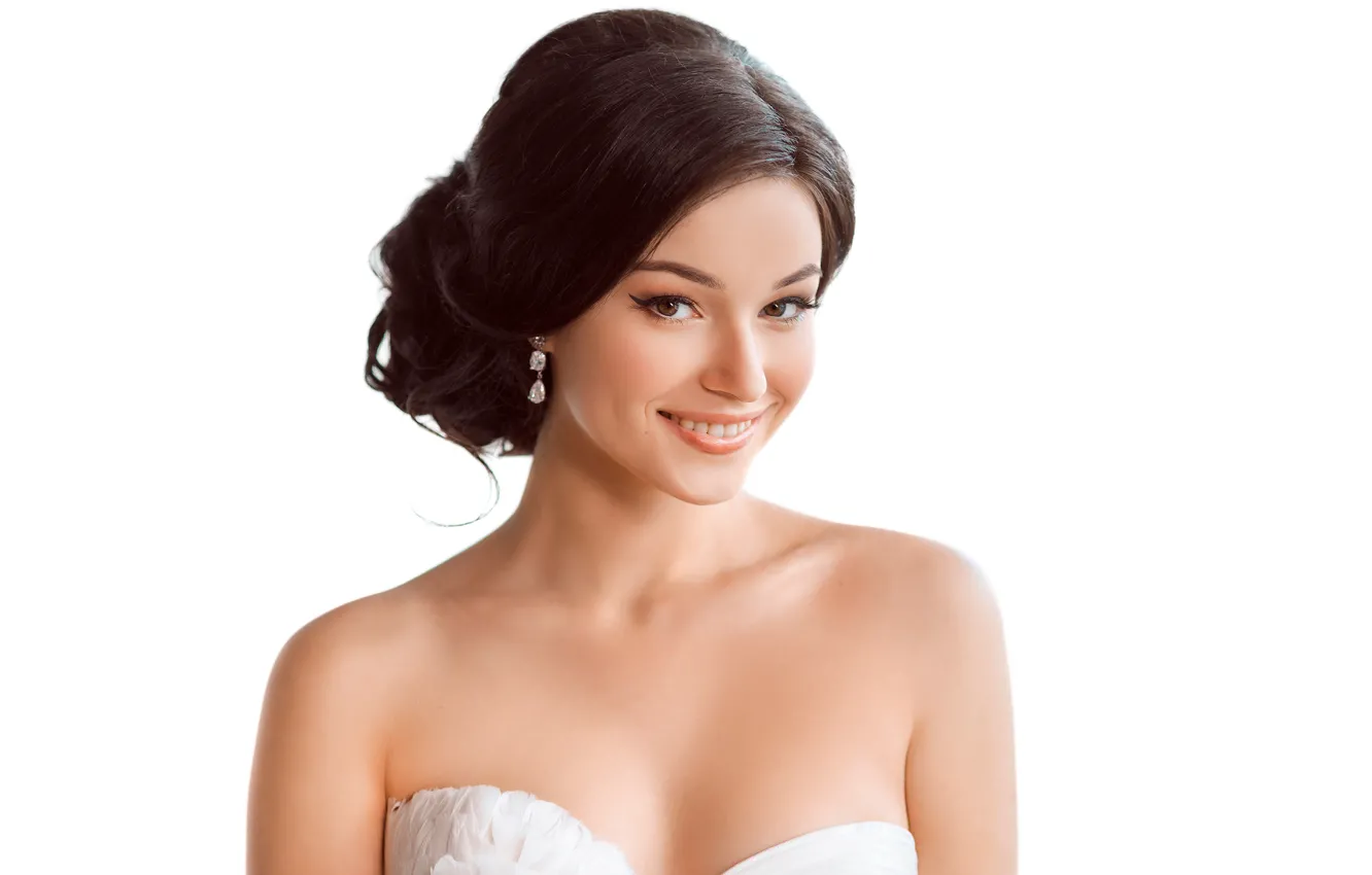 Photo wallpaper look, smile, portrait, makeup, dress, brunette, hairstyle, white background