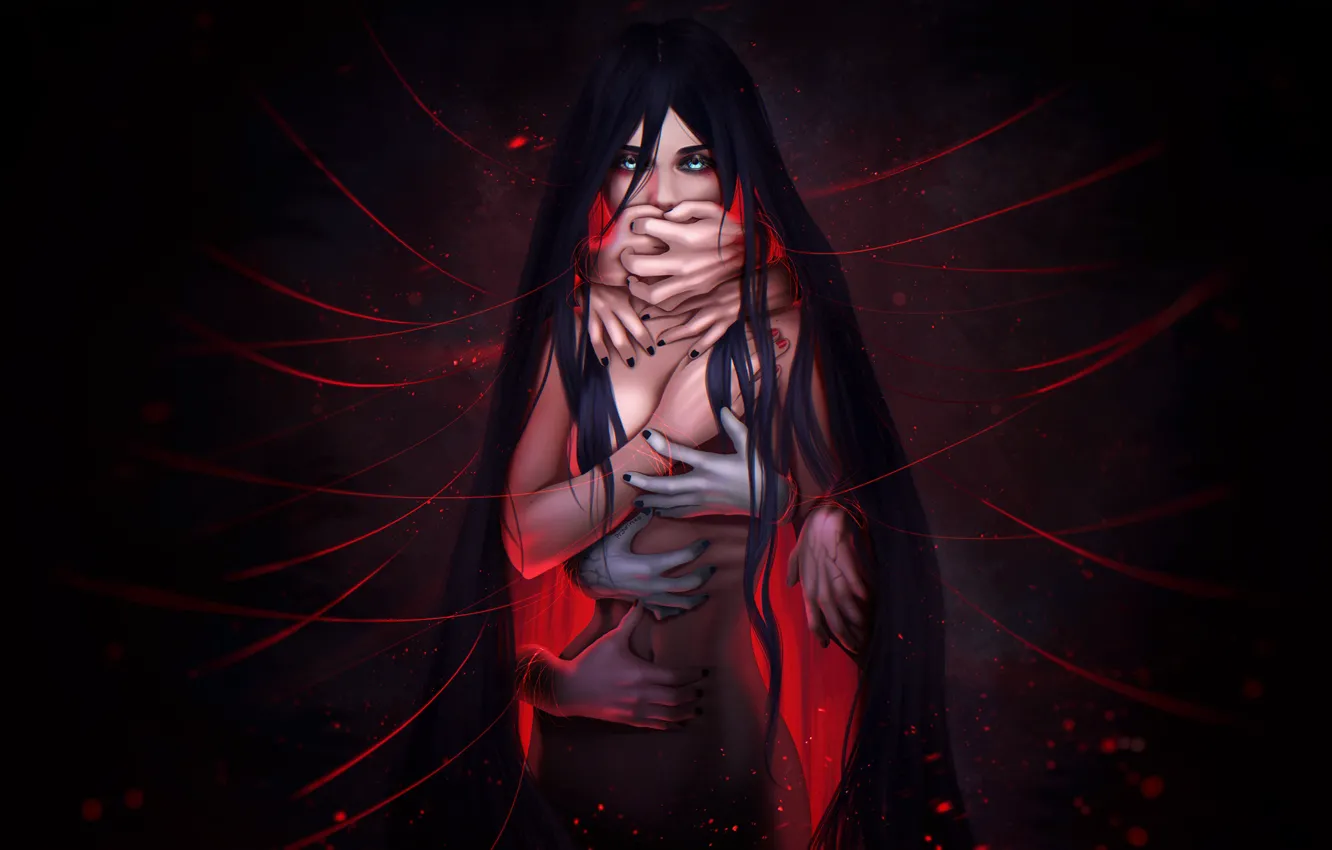 Photo wallpaper girl, darkness, figure, hands, art, brush, art, Characters