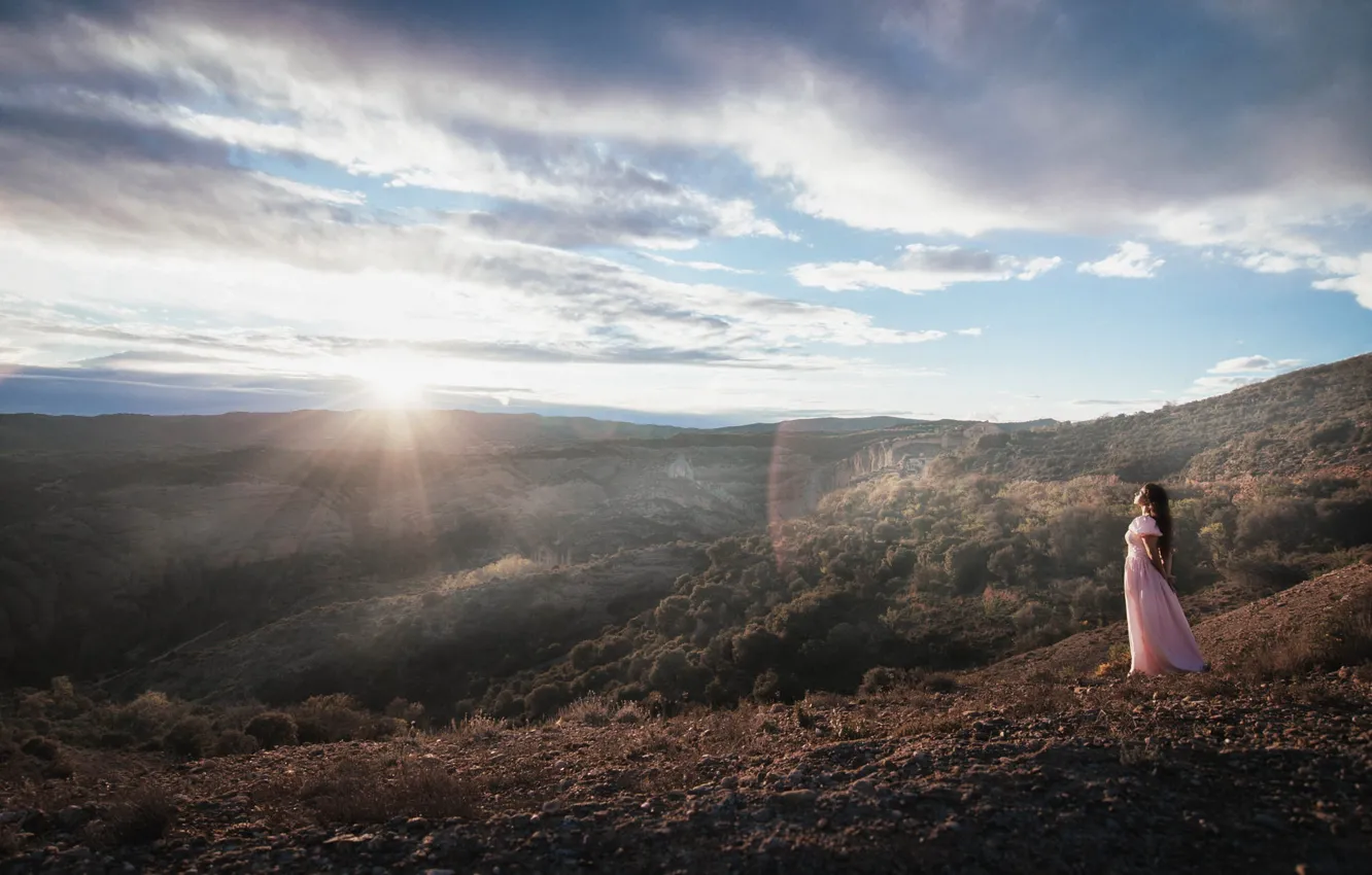 Photo wallpaper the sky, girl, landscape, nature, romance, dal, dress, long hair