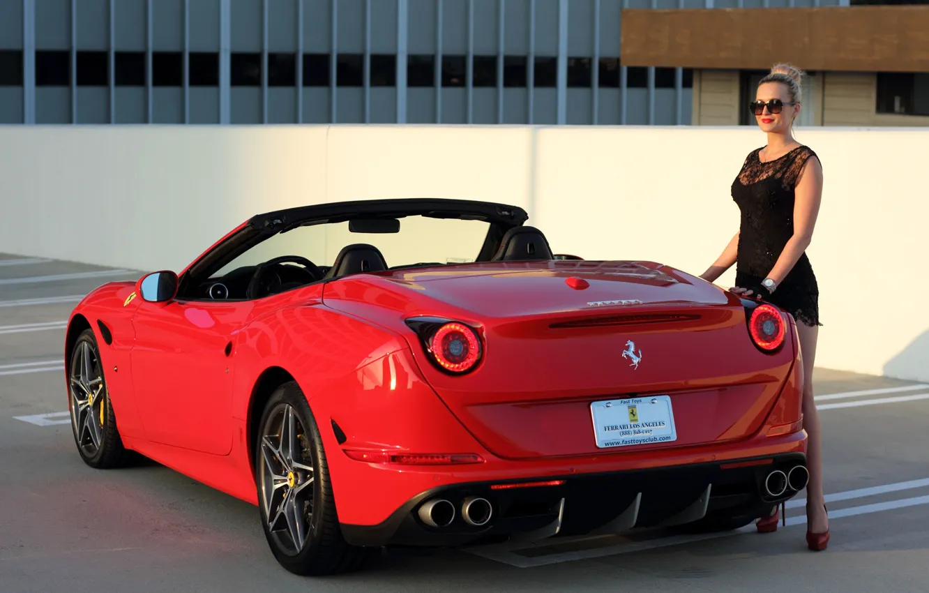 Photo wallpaper Ferrari, Parking, glasses, girl, red car