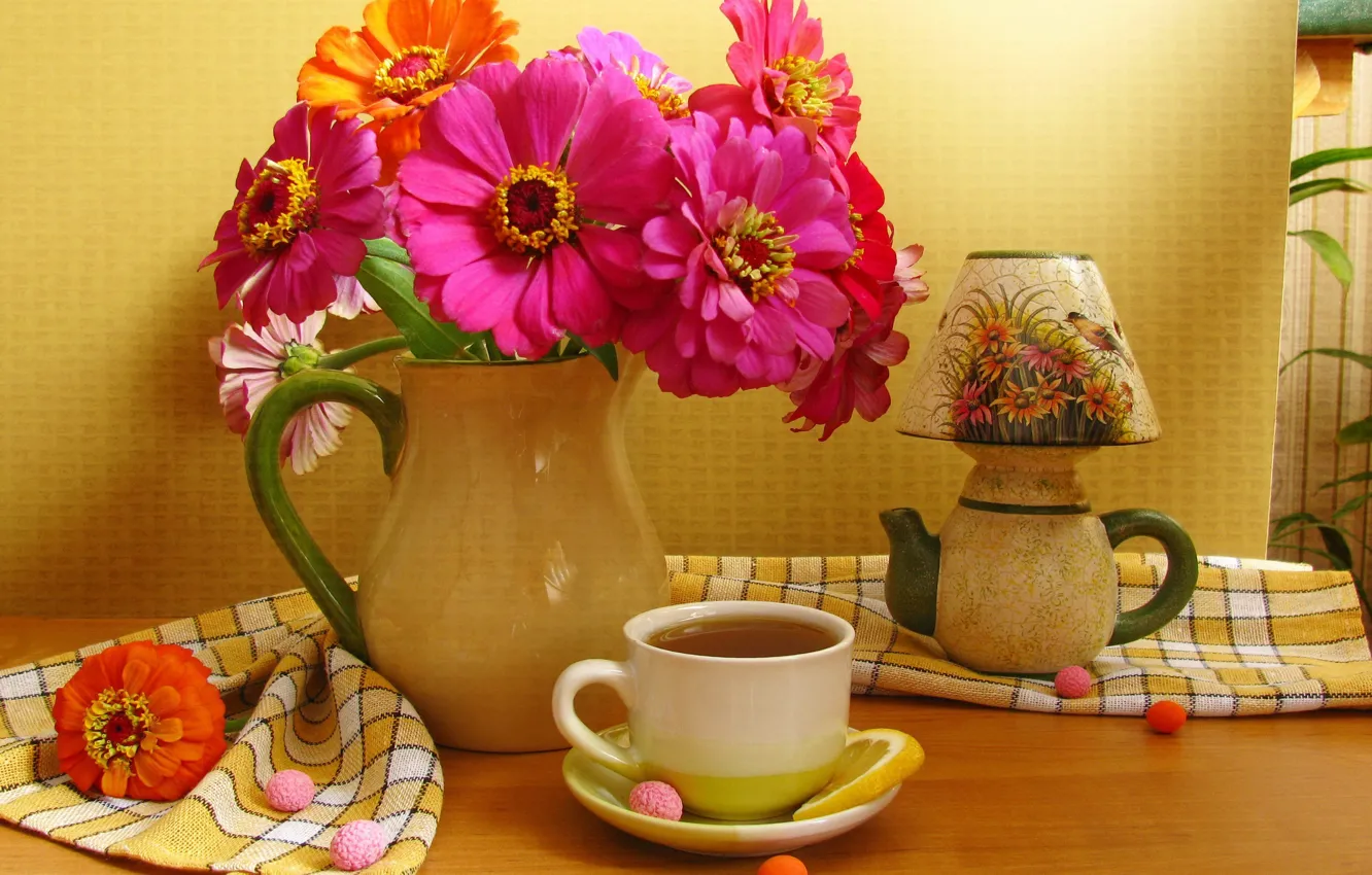 Photo wallpaper lemon, flowers, cup, harmony, color, sweet, drink, cool