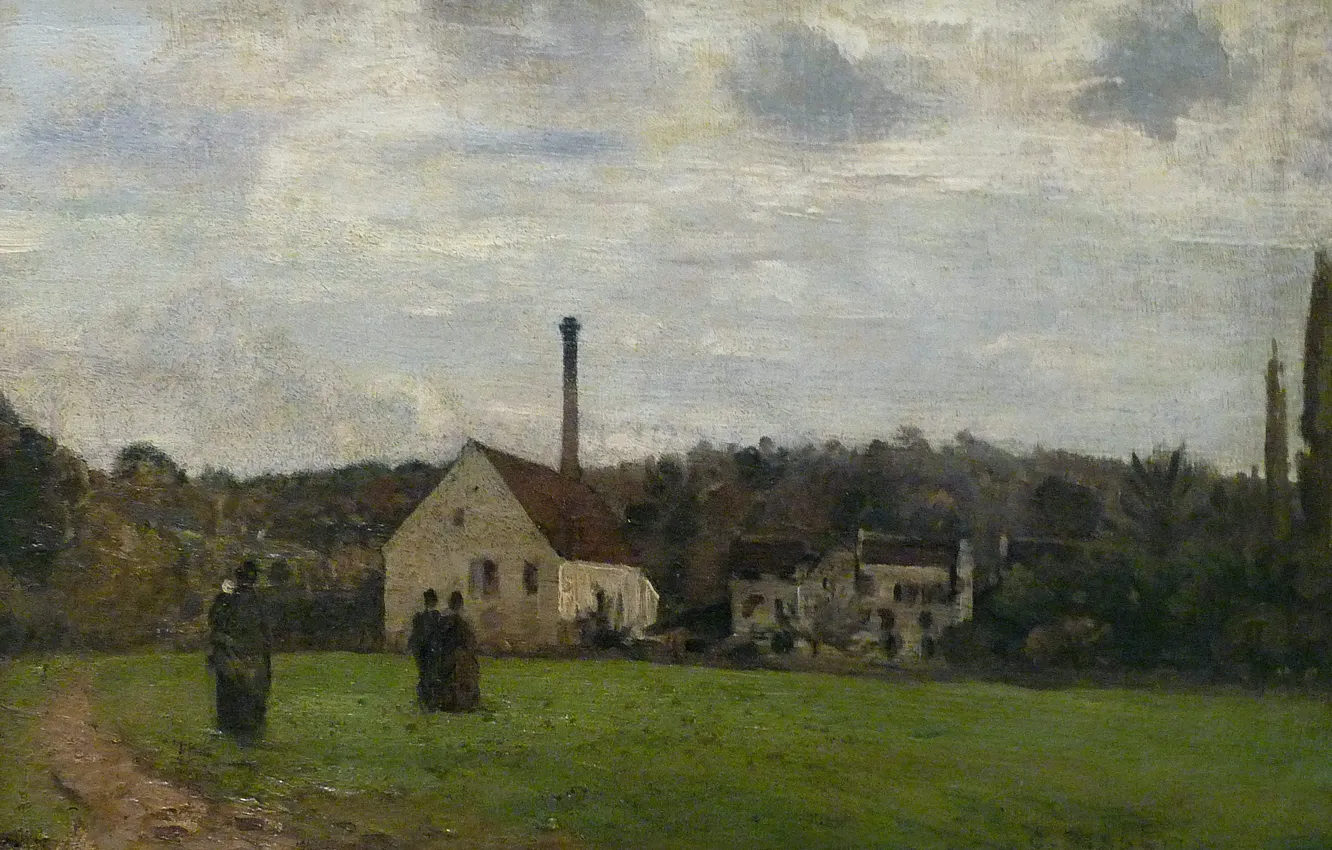 Photo wallpaper landscape, house, picture, pipe, Camille Pissarro, Small Factory