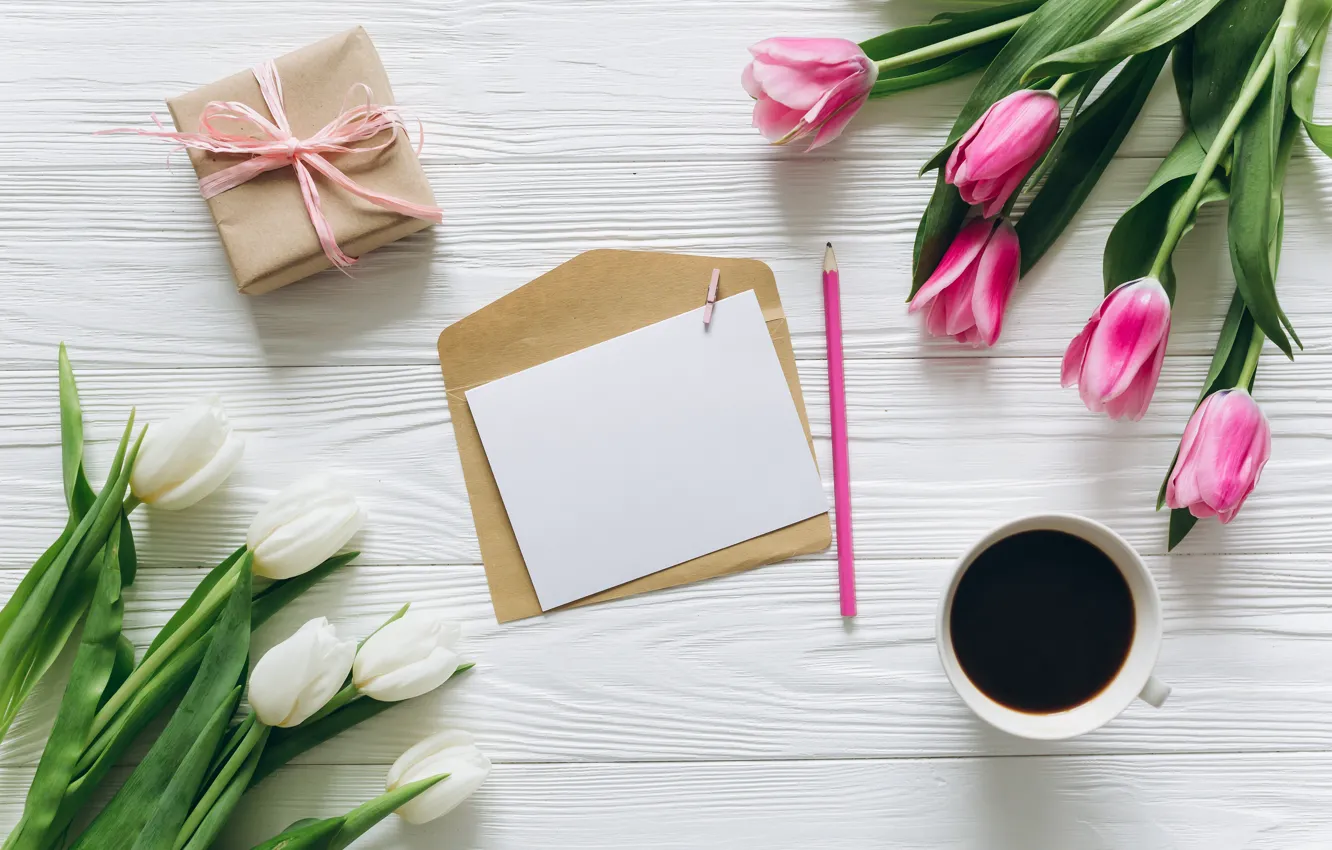 Photo wallpaper letter, flowers, holiday, gift, coffee, tulips, the envelope