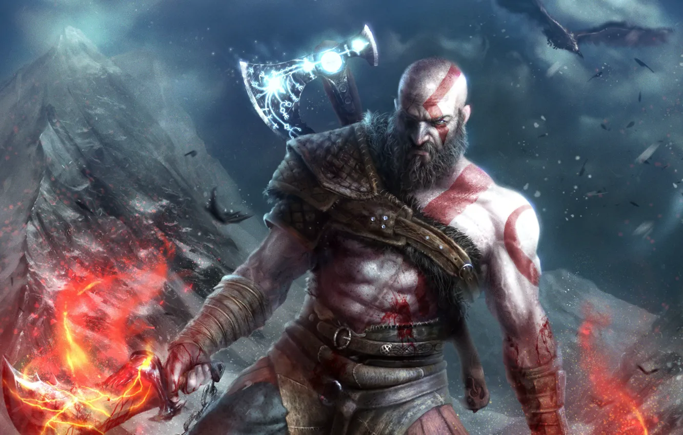 Photo wallpaper look, weapons, bird, the game, art, beard, axe, Kratos