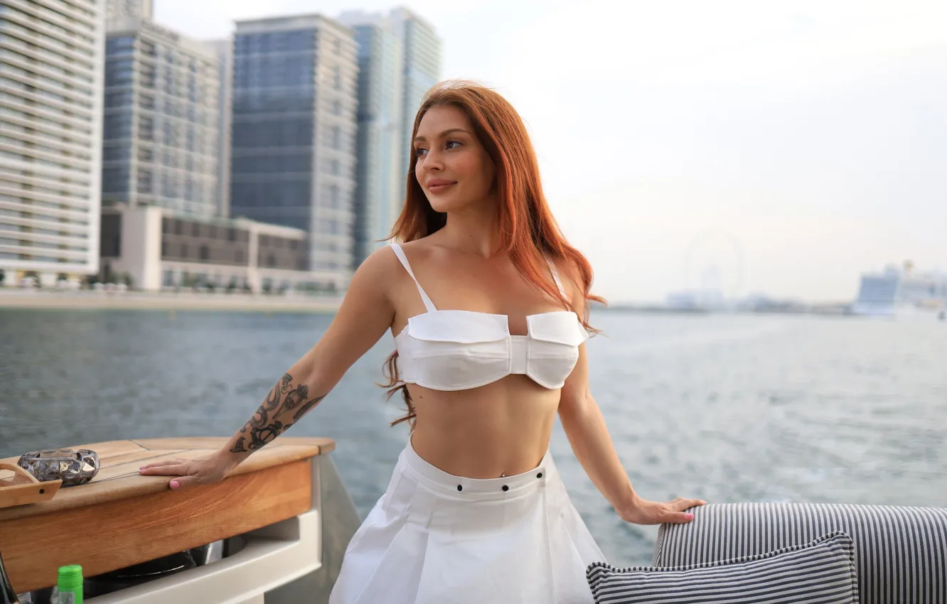 Photo wallpaper girl, sky, sea, model, tattoo, women, redhead, boat
