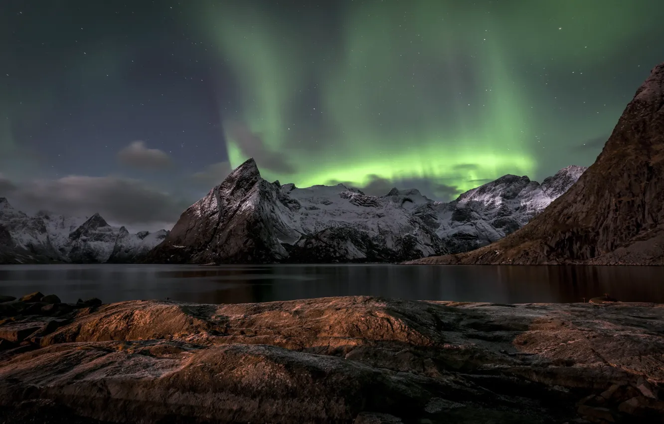 Photo wallpaper sea, landscape, mountains, night, lights