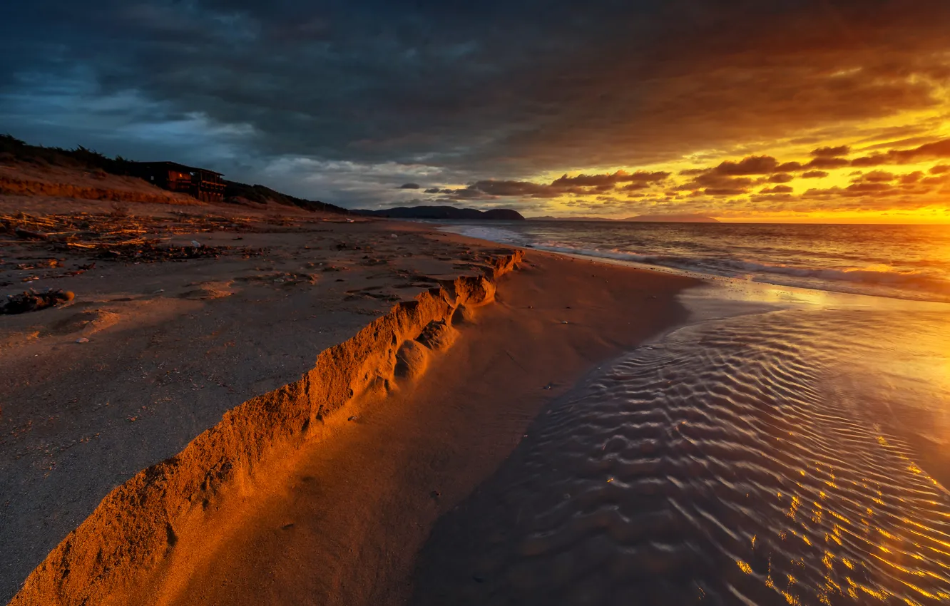 Photo wallpaper sand, sea, the sky, sunset, clouds, coast, glow