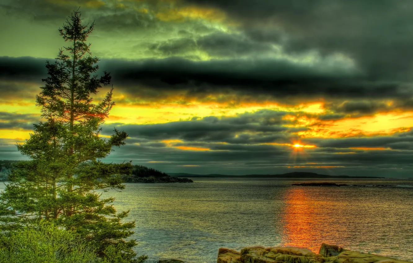 Photo wallpaper the sky, trees, sunset, clouds, lake, stone, hdr