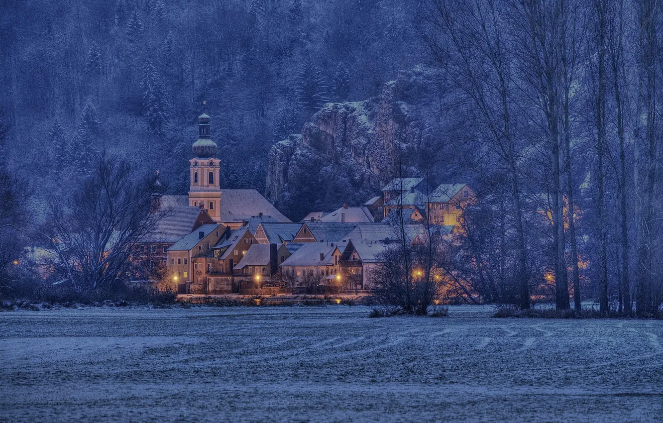 Photo wallpaper field, trees, mountains, home, Germany, Bayern, lights, Kallmünz