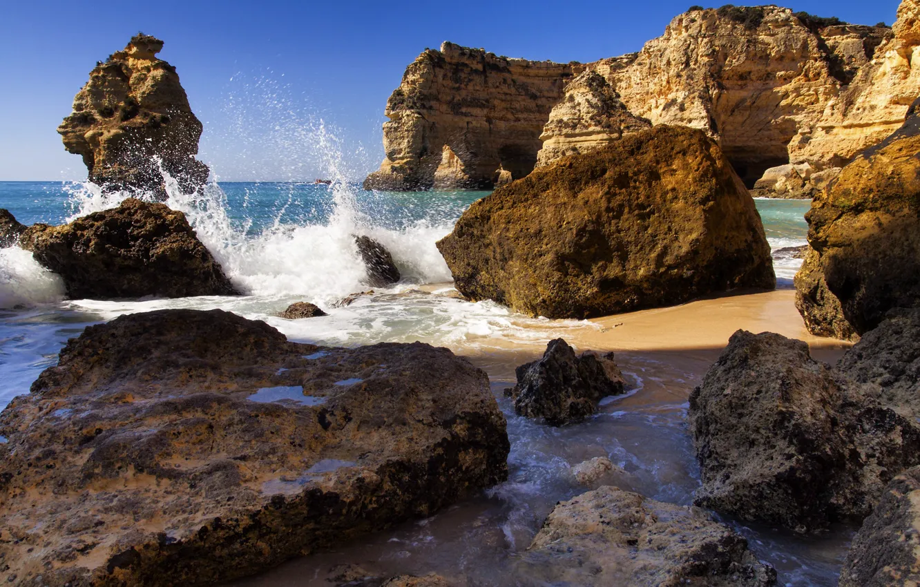 Photo wallpaper squirt, rocks, coast, Portugal