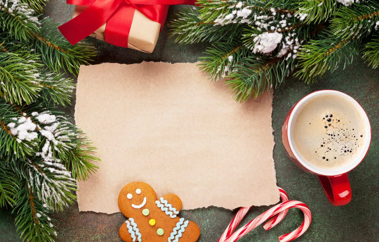 Photo wallpaper paper, background, cookies, Christmas, background, snow, postcard, coffee cup
