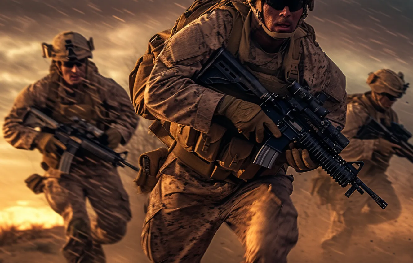 Photo wallpaper Dust, Rain, Running, Soldiers, Men, Three, Digital art, Machines