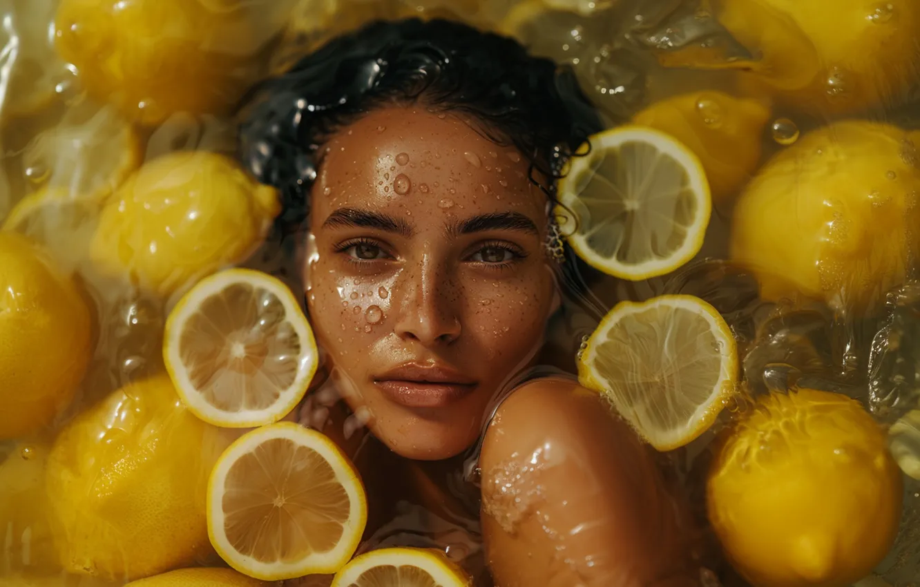 Photo wallpaper look, water, girl, drops, light, face, pose, lemon