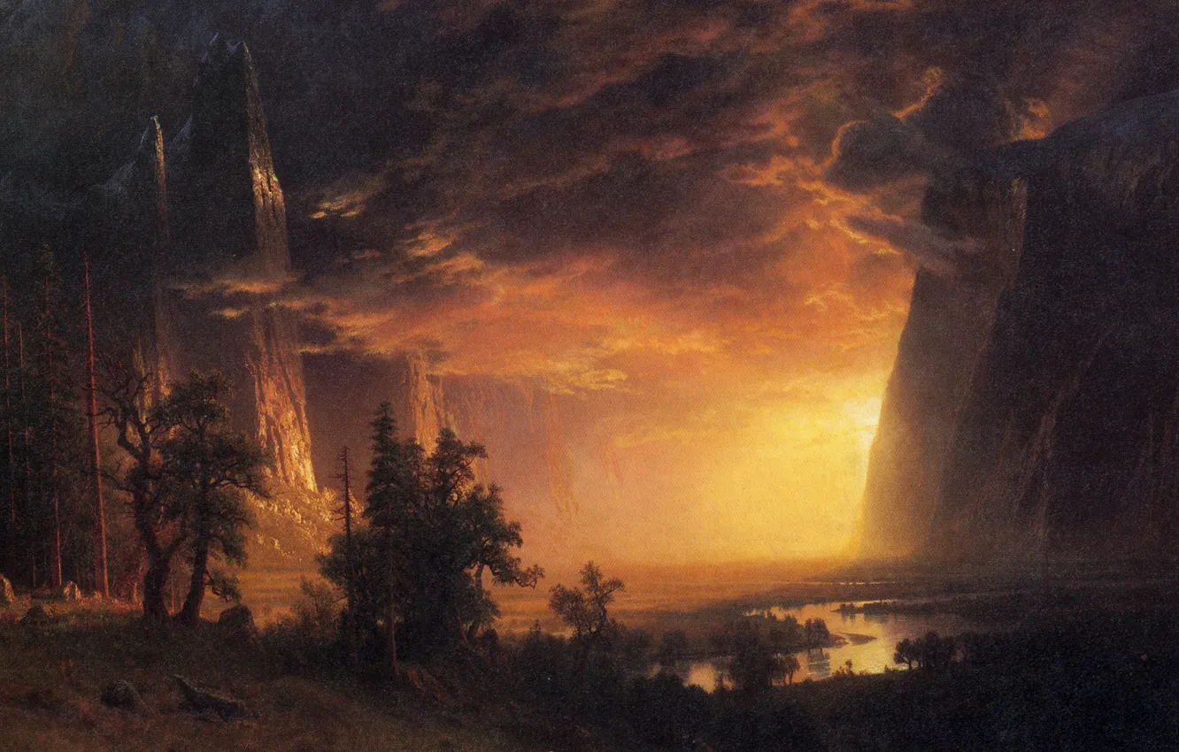 Photo wallpaper clouds, landscape, mountains, rocks, picture, Albert Bierstadt, Sunset in the Yosemite Valley