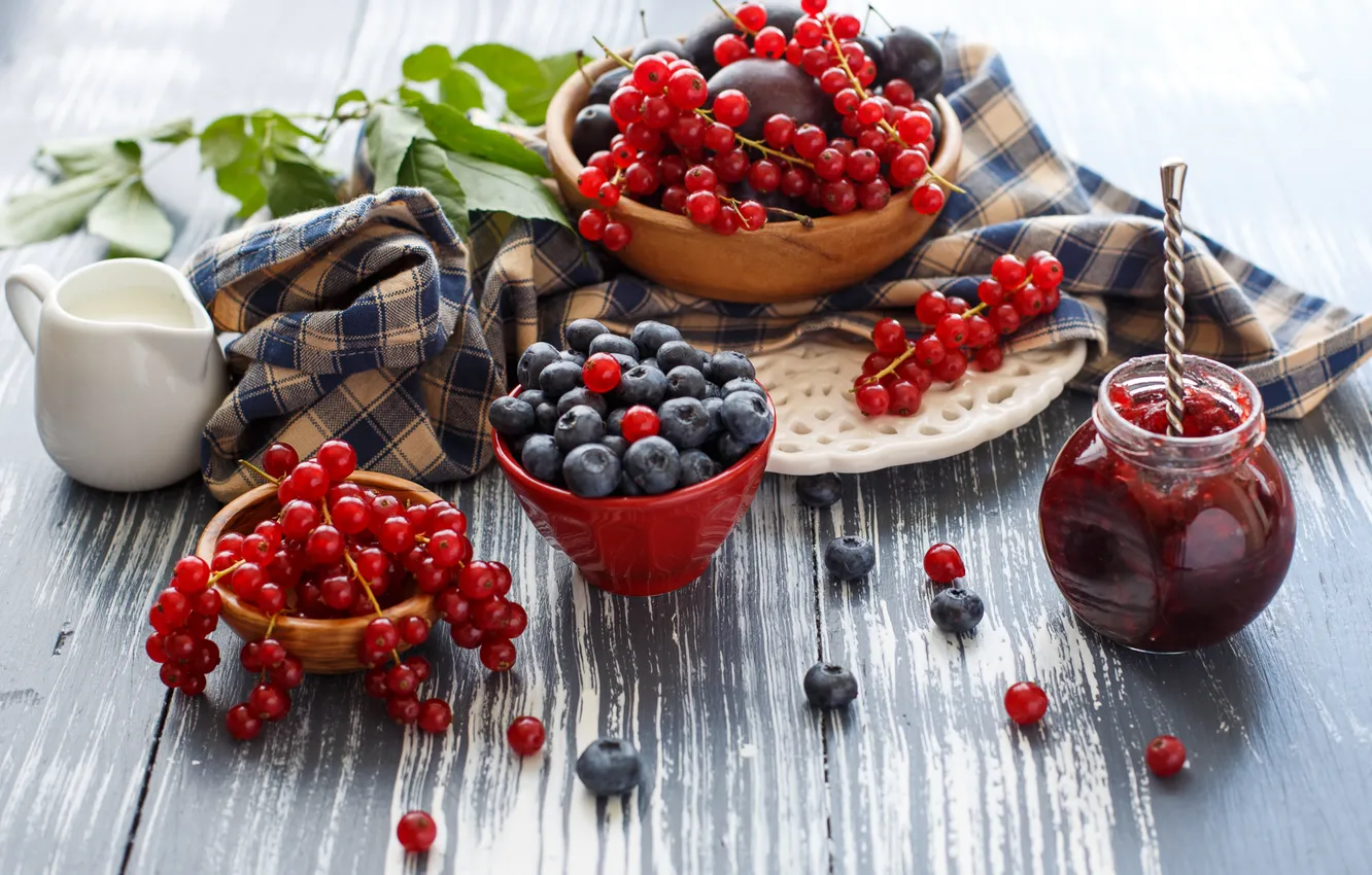 Photo wallpaper berries, still life, jam, blueberries, red currant