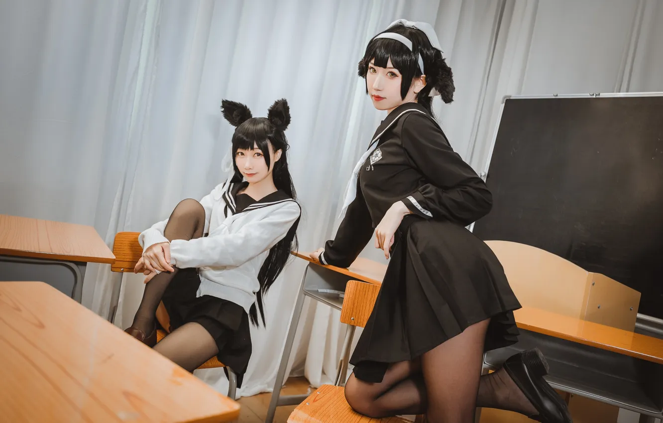 Photo wallpaper animal ears, beautiful, model, pretty, chair, women, cosplay, board
