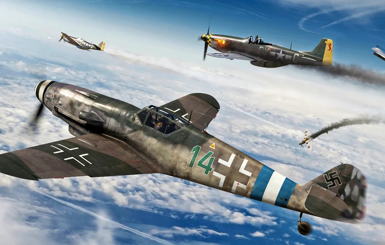 Photo wallpaper Fighter, Messerschmitt, P-51D, P-51 Mustang, Bf.109G-10, Bf-109G, Combat aviation
