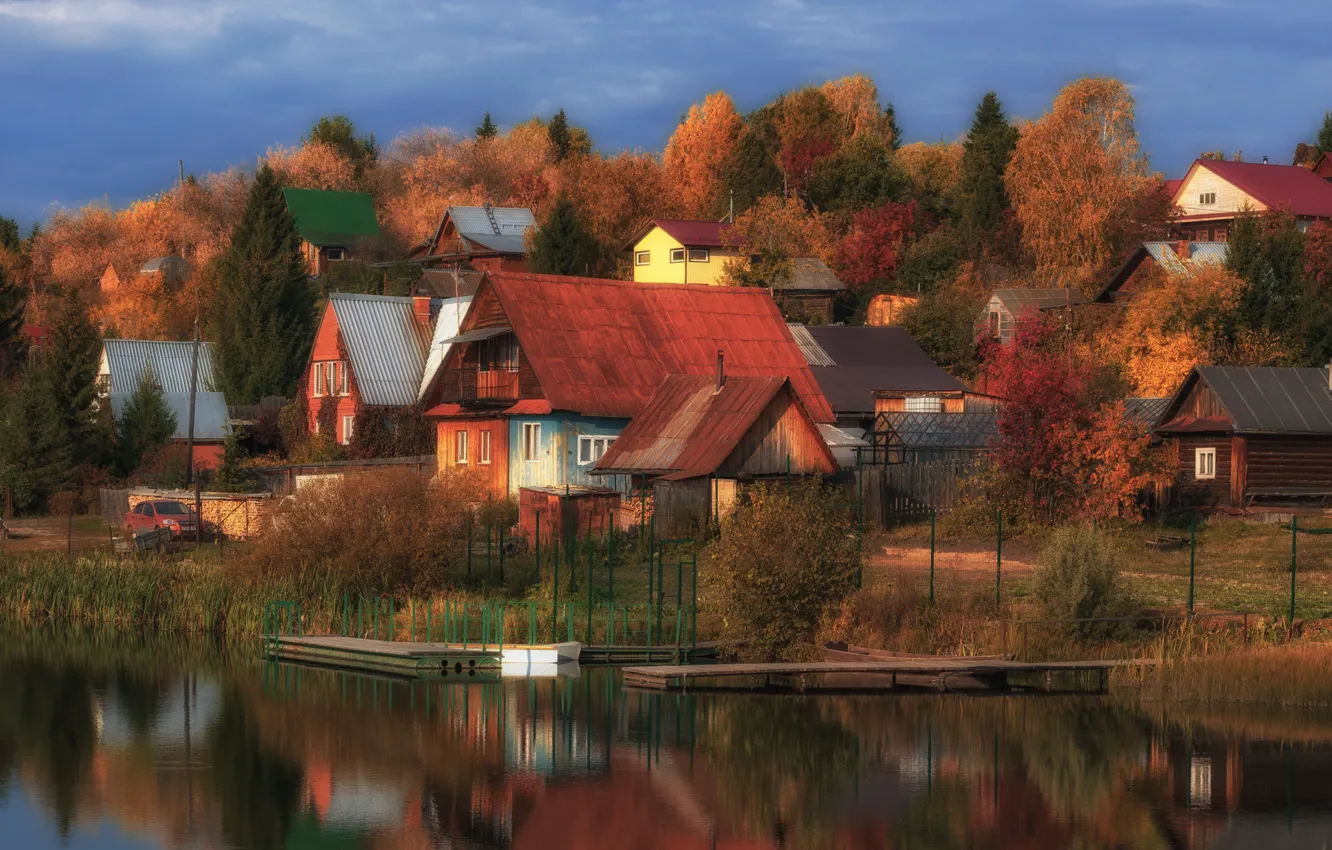 Photo wallpaper autumn, landscape, river, home, village