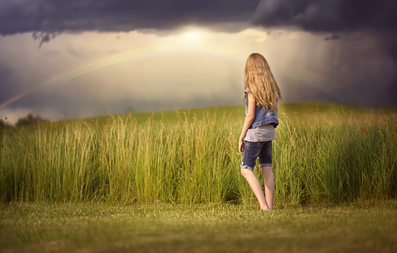 Photo wallpaper field, clouds, rainbow, girl