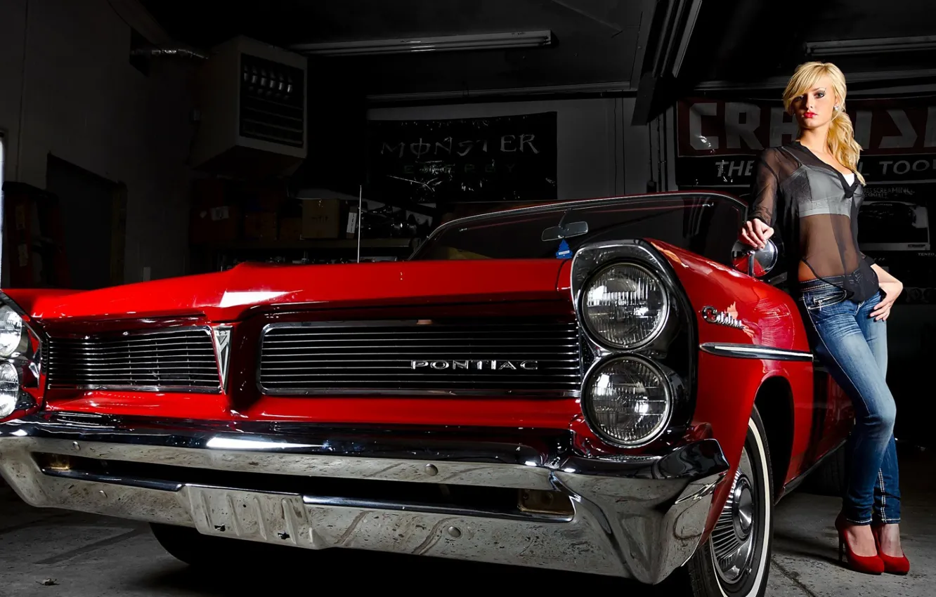 Photo wallpaper girl, Pontiac, beautiful blonde, red car, posing on the car