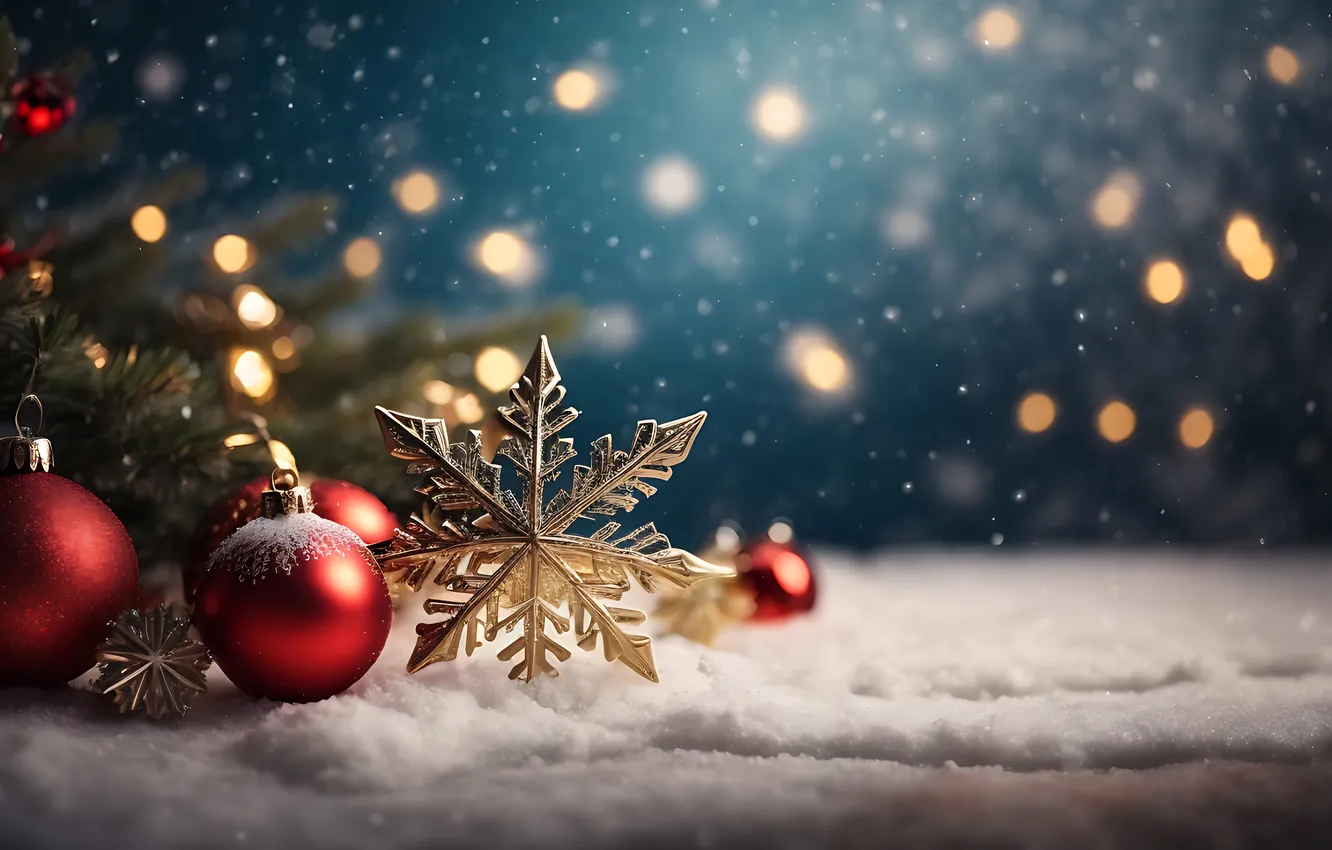 Photo wallpaper snow, balls, tree, new year, Christmas, Christmas, balls, snow