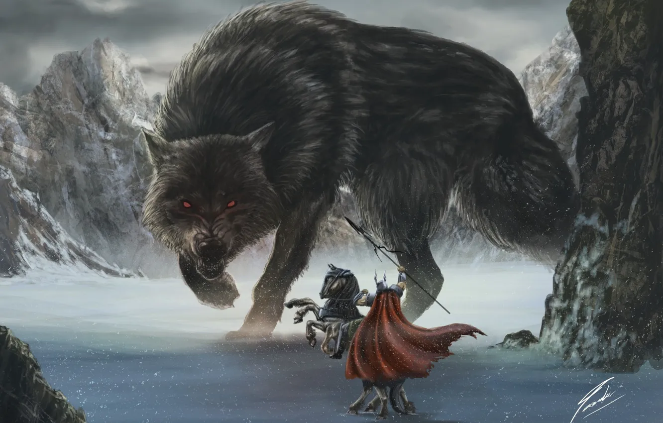 Photo wallpaper red eyes, fight, wolf, fang, horse, viking, god, claw