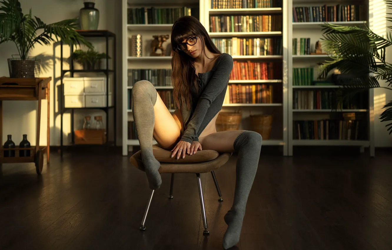 Photo wallpaper girl, model, glasses, book, legs, long hair, waist, body