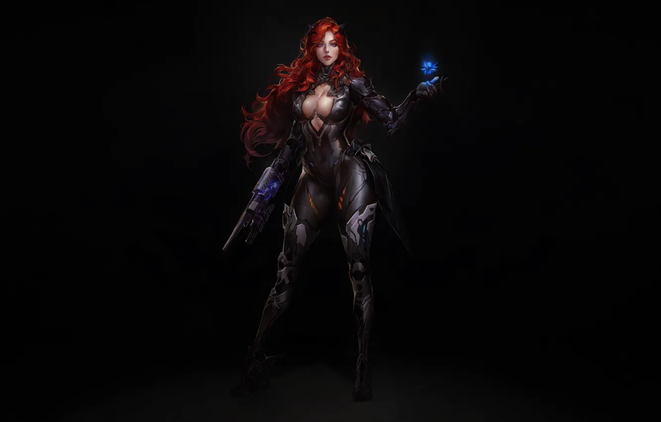 Photo wallpaper weapons, costume, red, girl, weapon, art, suit, Minimalism