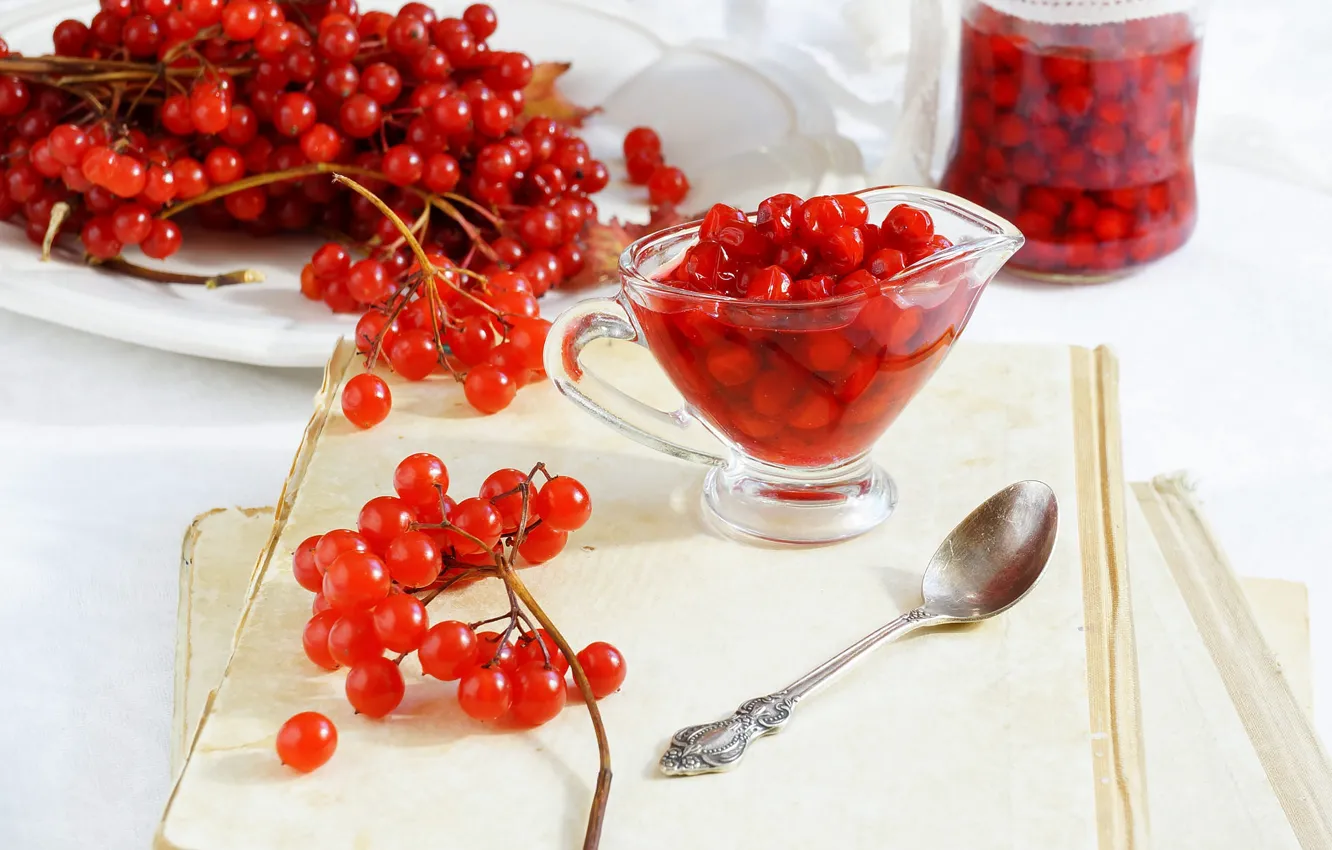Photo wallpaper berries, sprig, table, fruit, spoon, Bank, pitcher, bunches