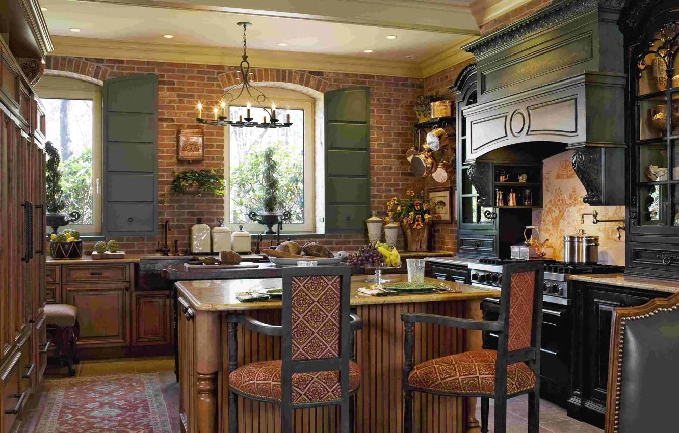 Photo wallpaper house, design, interior, wooden kitchen, rustic style