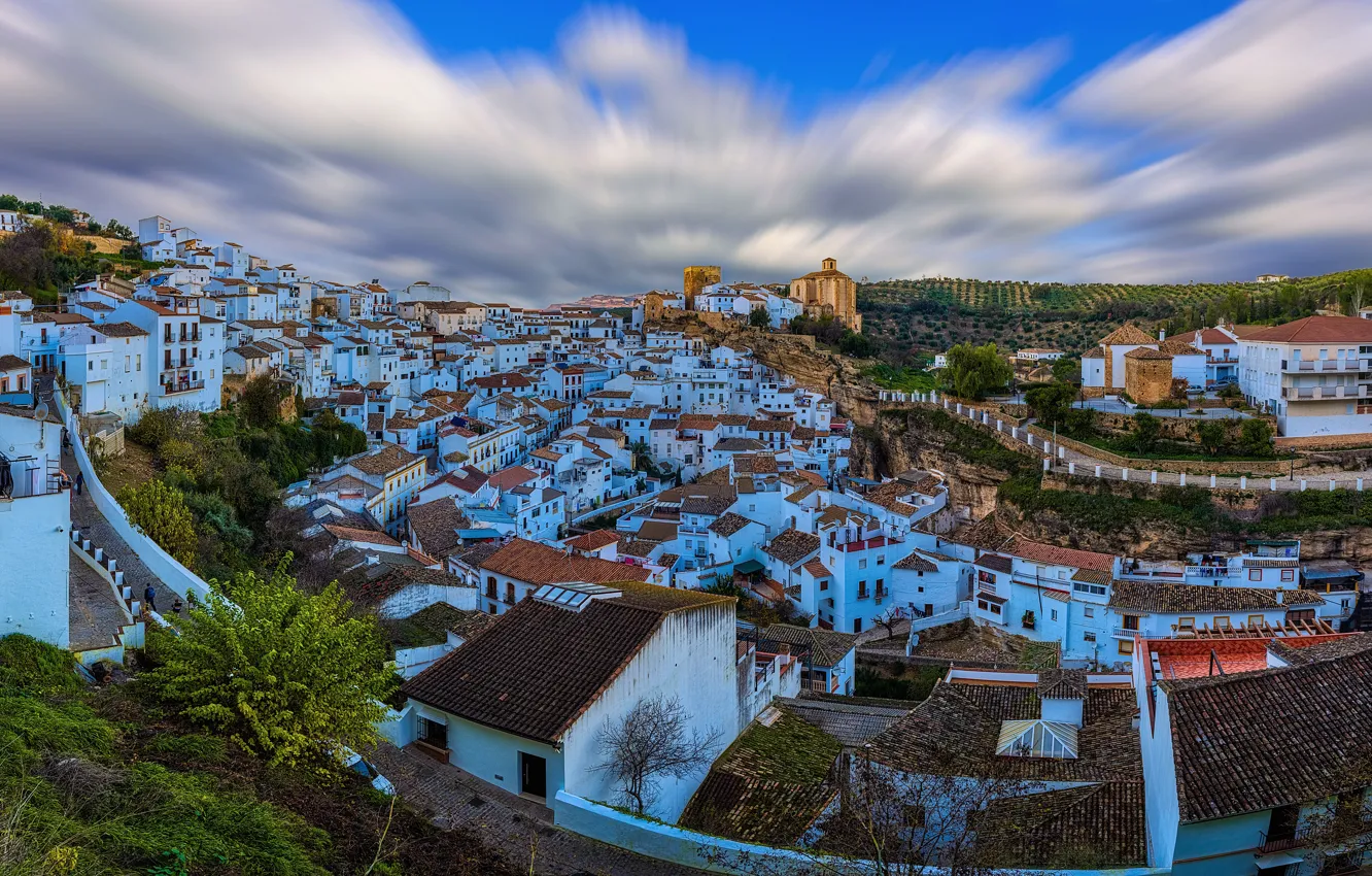Photo wallpaper the sky, clouds, trees, the city, home, morning, excerpt, Spain