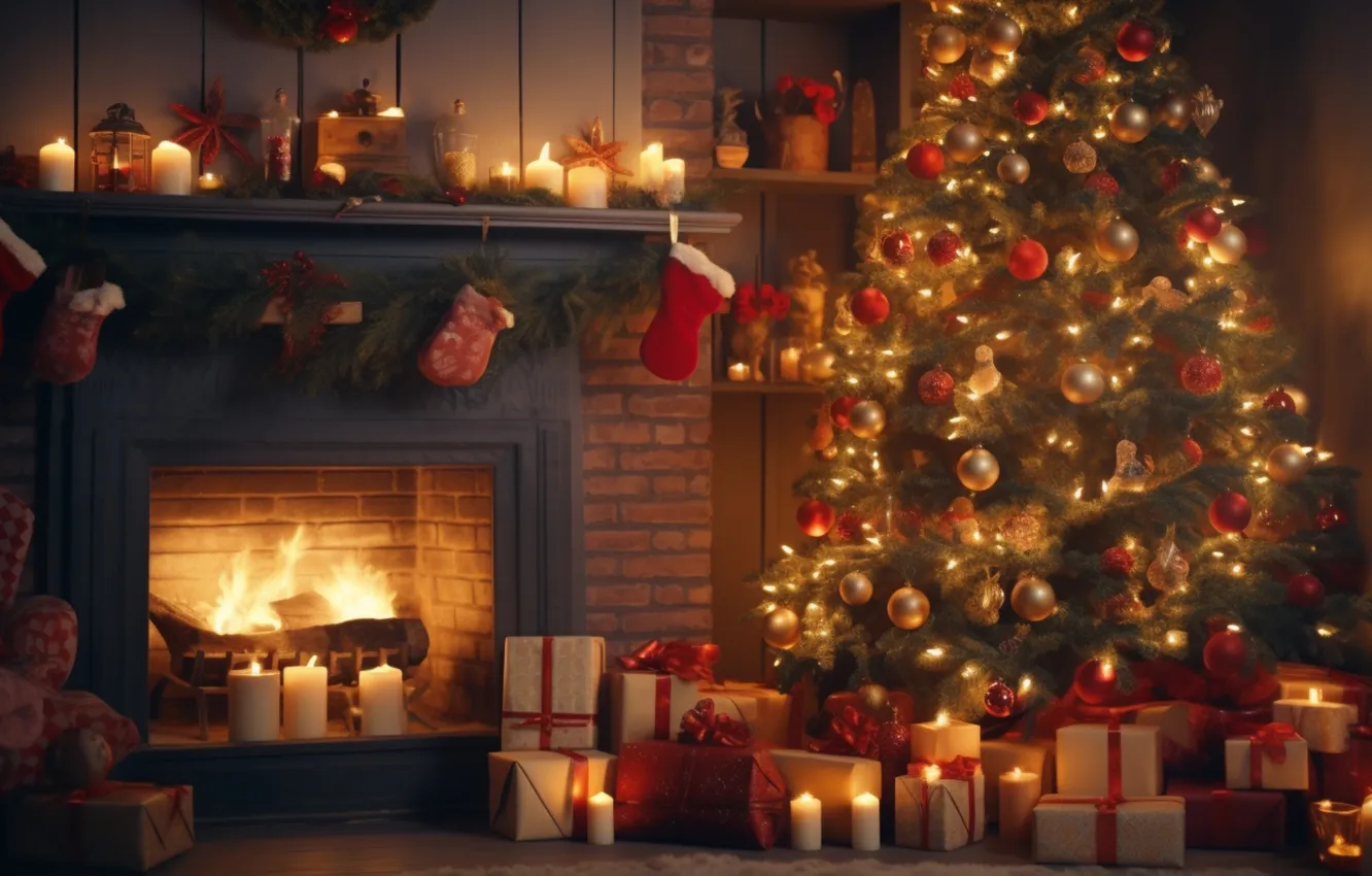 Photo wallpaper decoration, room, gift, tree, new year, interior, Christmas, fireplace