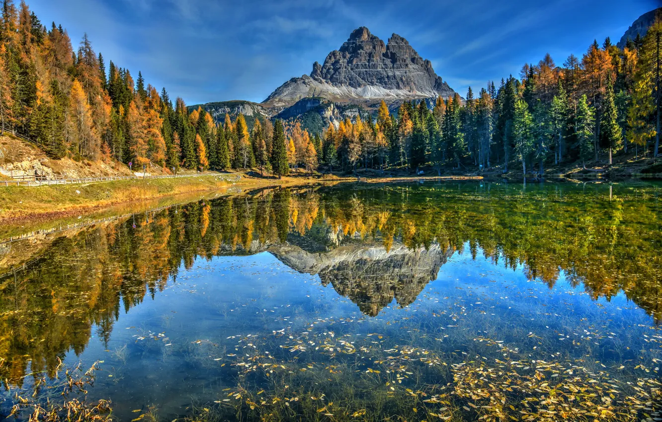 Photo wallpaper autumn, forest, mountains, lake, reflection, Italy, Italy, The Dolomites