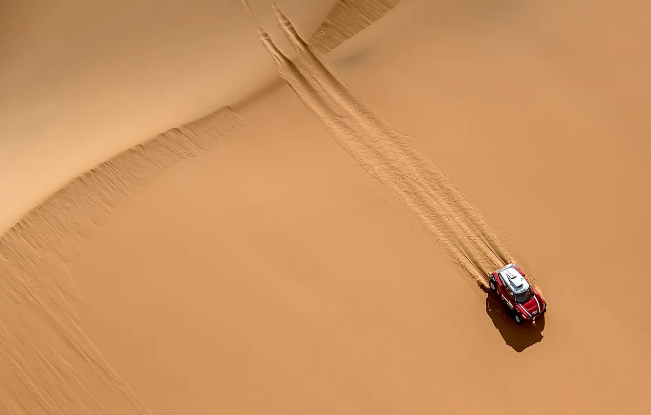Photo wallpaper Sand, Mini, Sport, Desert, Speed, Top, The view from the top, Rally