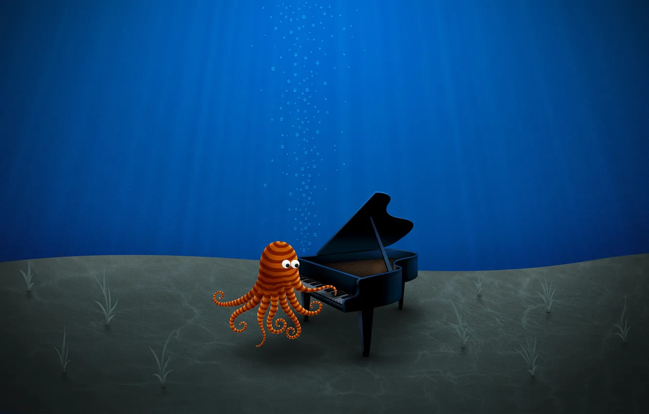 Photo wallpaper blue, figure, the bottom, piano, Octopus