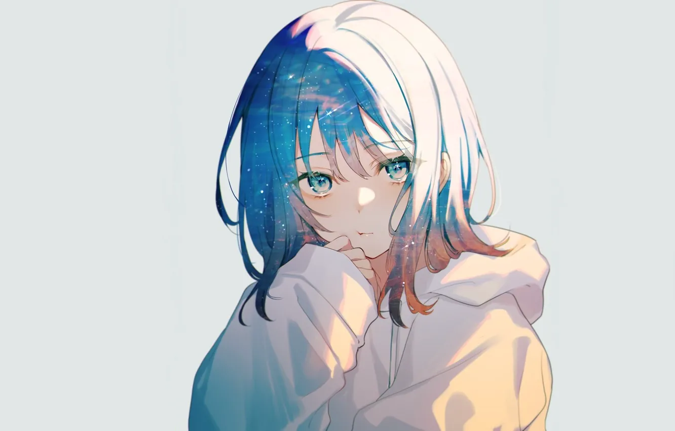 Photo wallpaper face, hood, blue eyes, blue hair, portrait of a girl, hoodies