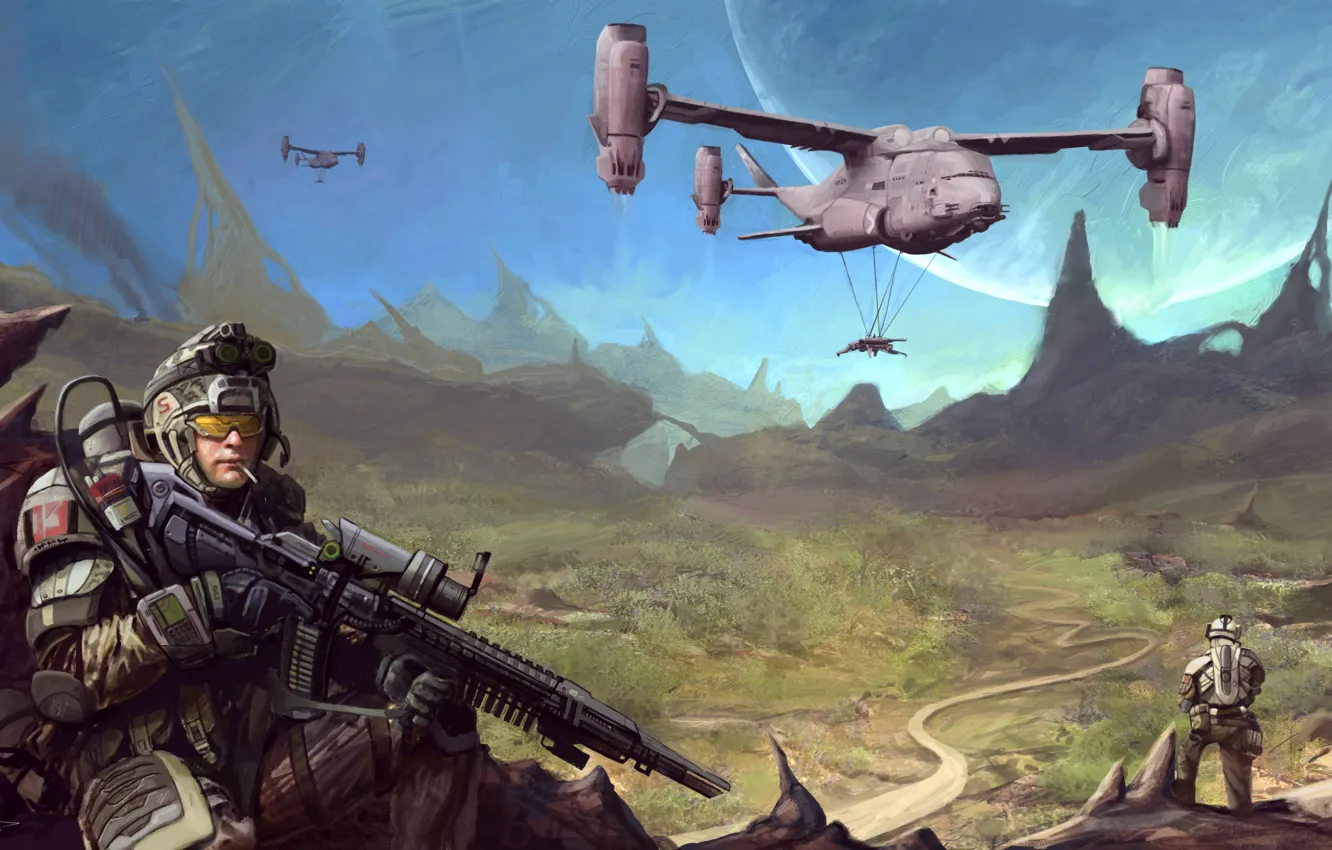 Photo wallpaper automatic, soldier, mountains, helicopter, warrior, pearls, equipment, Sci FI