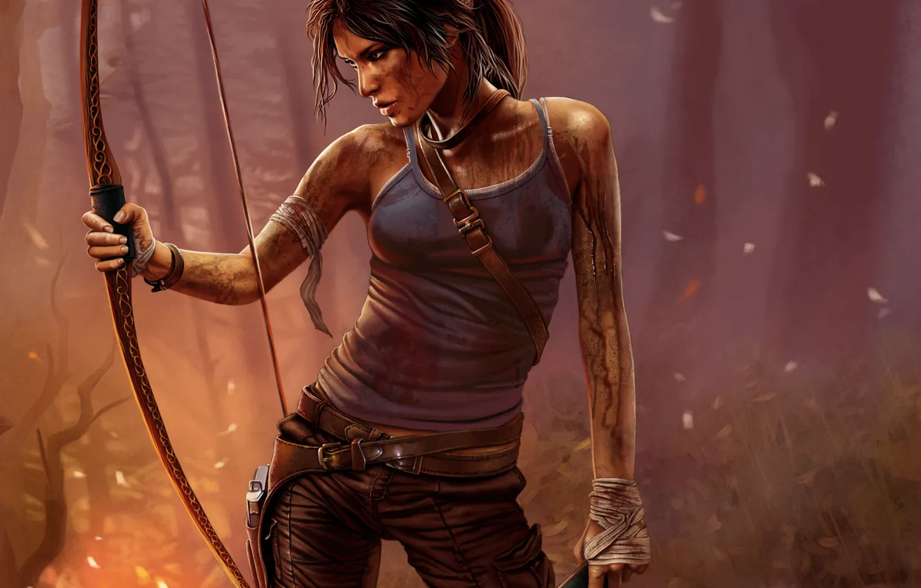 Photo wallpaper girl, face, weapons, the game, bow, dirt, the fire, profile