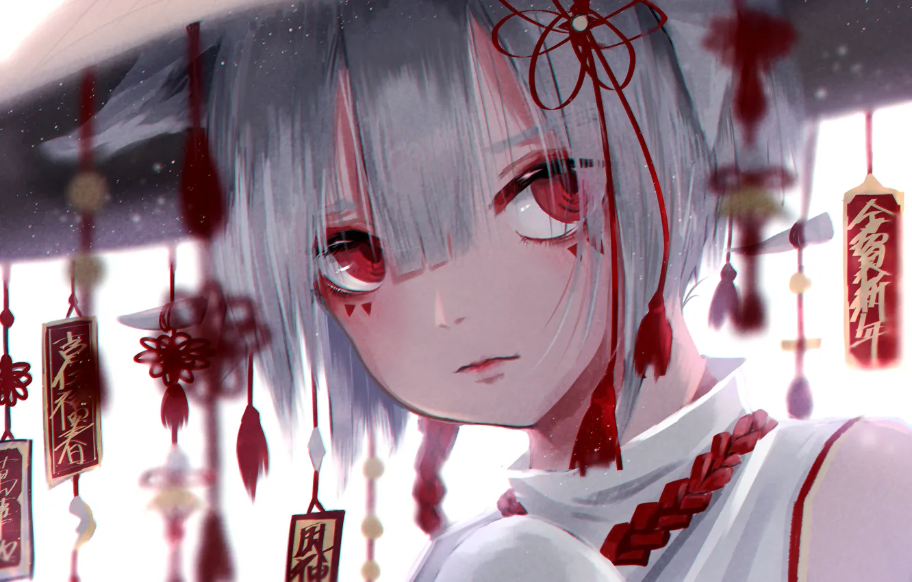 Photo wallpaper look, face, hat, red eyes, blue hair, suspension, vampire, Touhou Project
