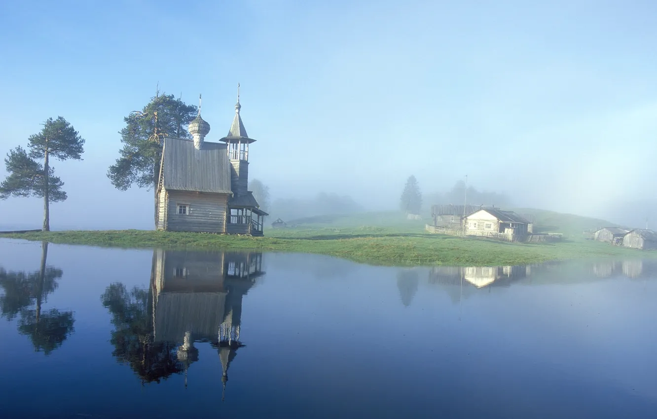 Photo wallpaper fog, lake, chapel