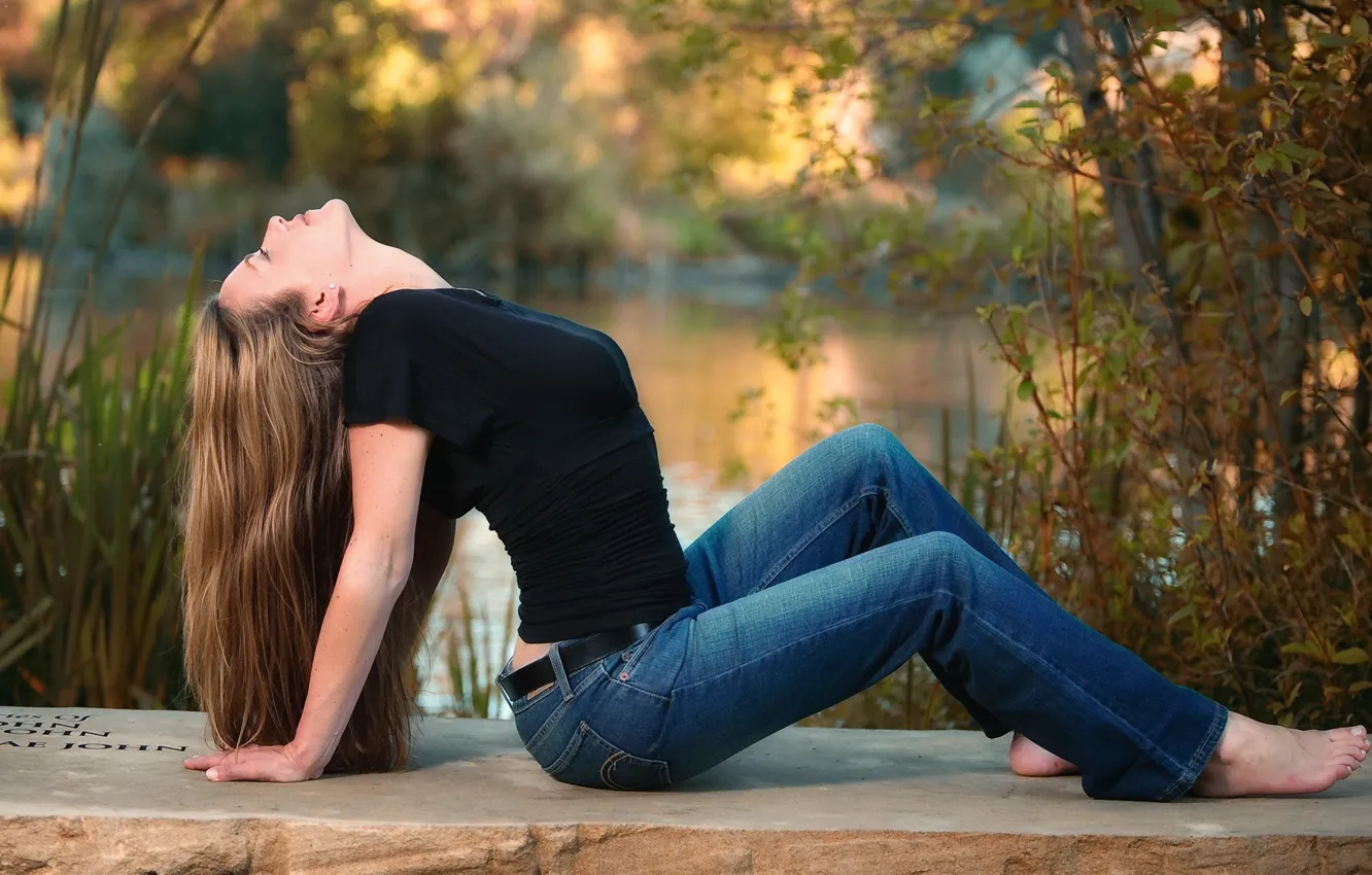 Photo wallpaper nature, lake, hair, body, jeans, Mike, figure, curves