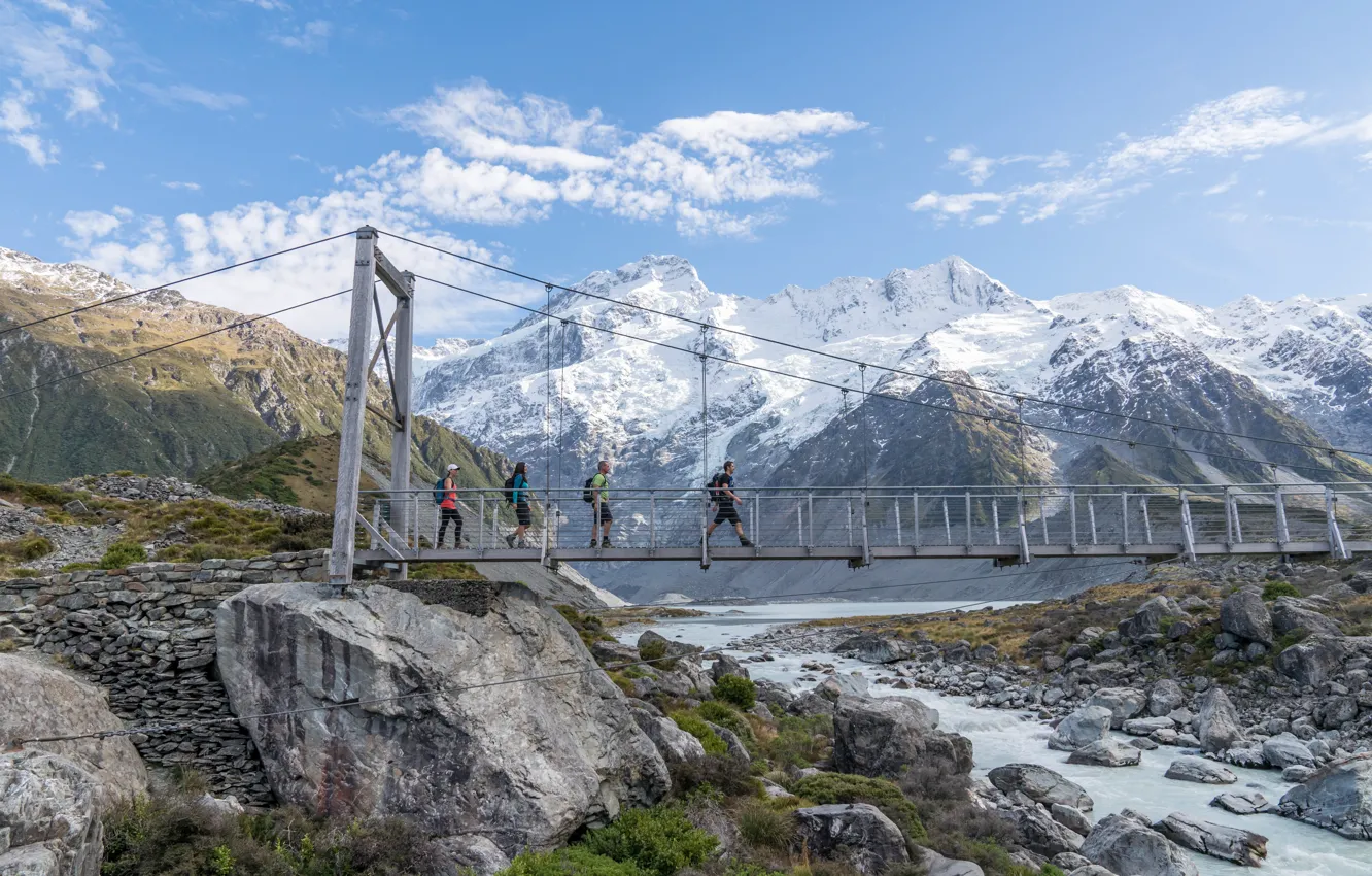 Photo wallpaper mountains, bridge, people, New Zealand, adventure, New Zealand, adventures, South Island