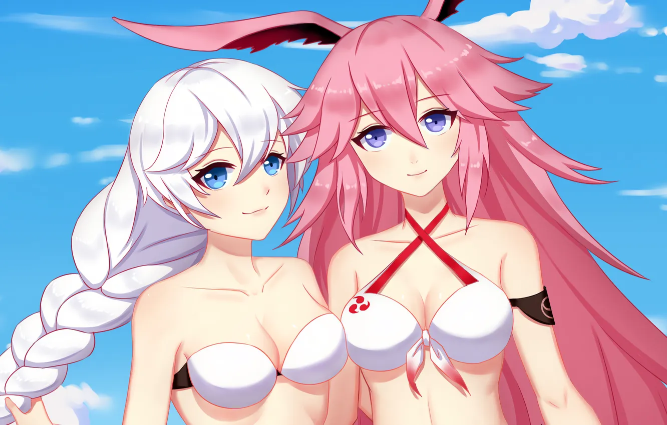 Photo wallpaper sexy, cleavage, pink hair, long hair, girls, boobs, animal ears, anime