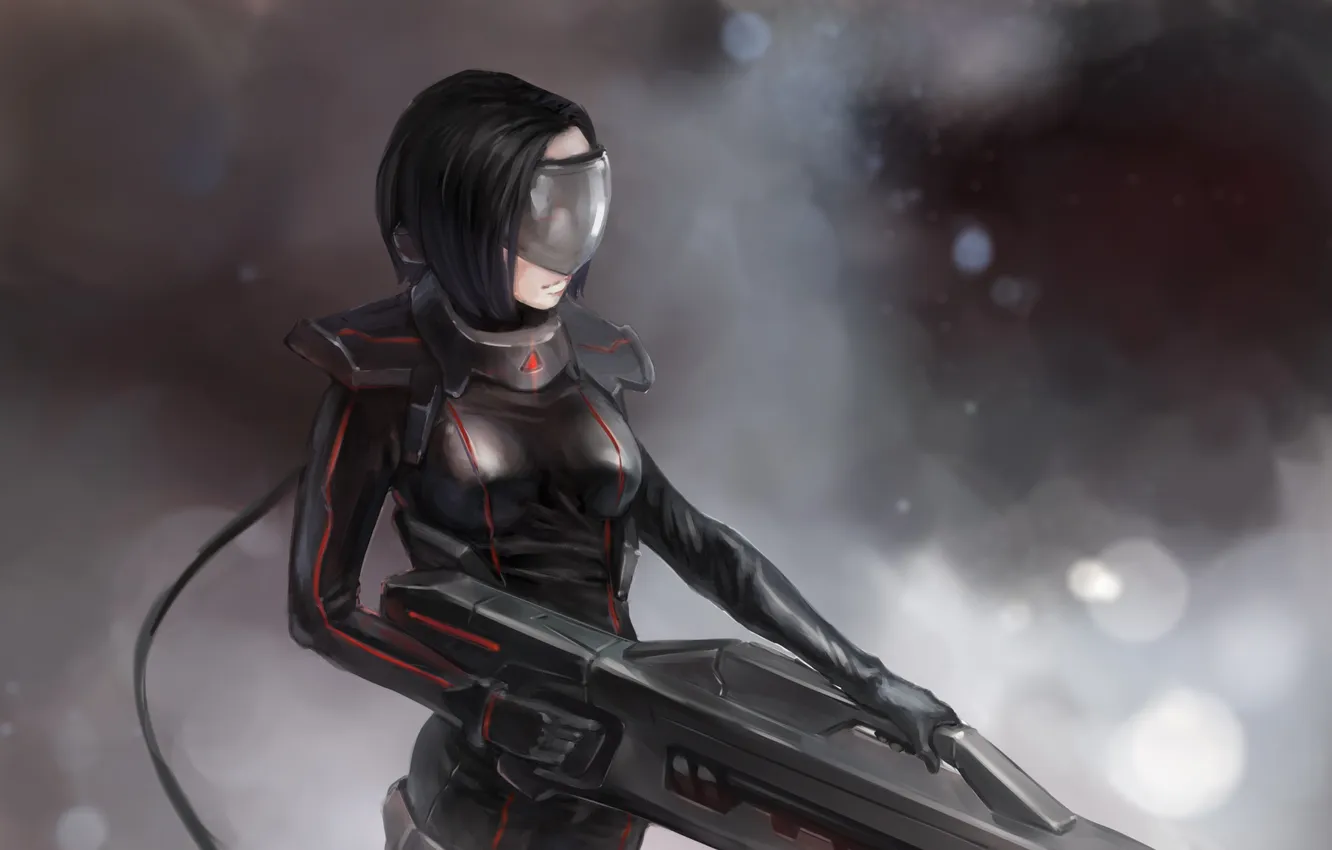 Photo wallpaper girl, weapons, background, art, glasses, costume