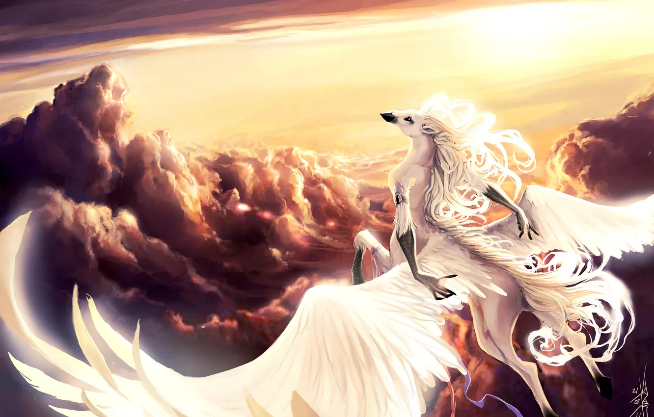 Photo wallpaper the sun, clouds, flight, horse, wings, hands, fantasy, art