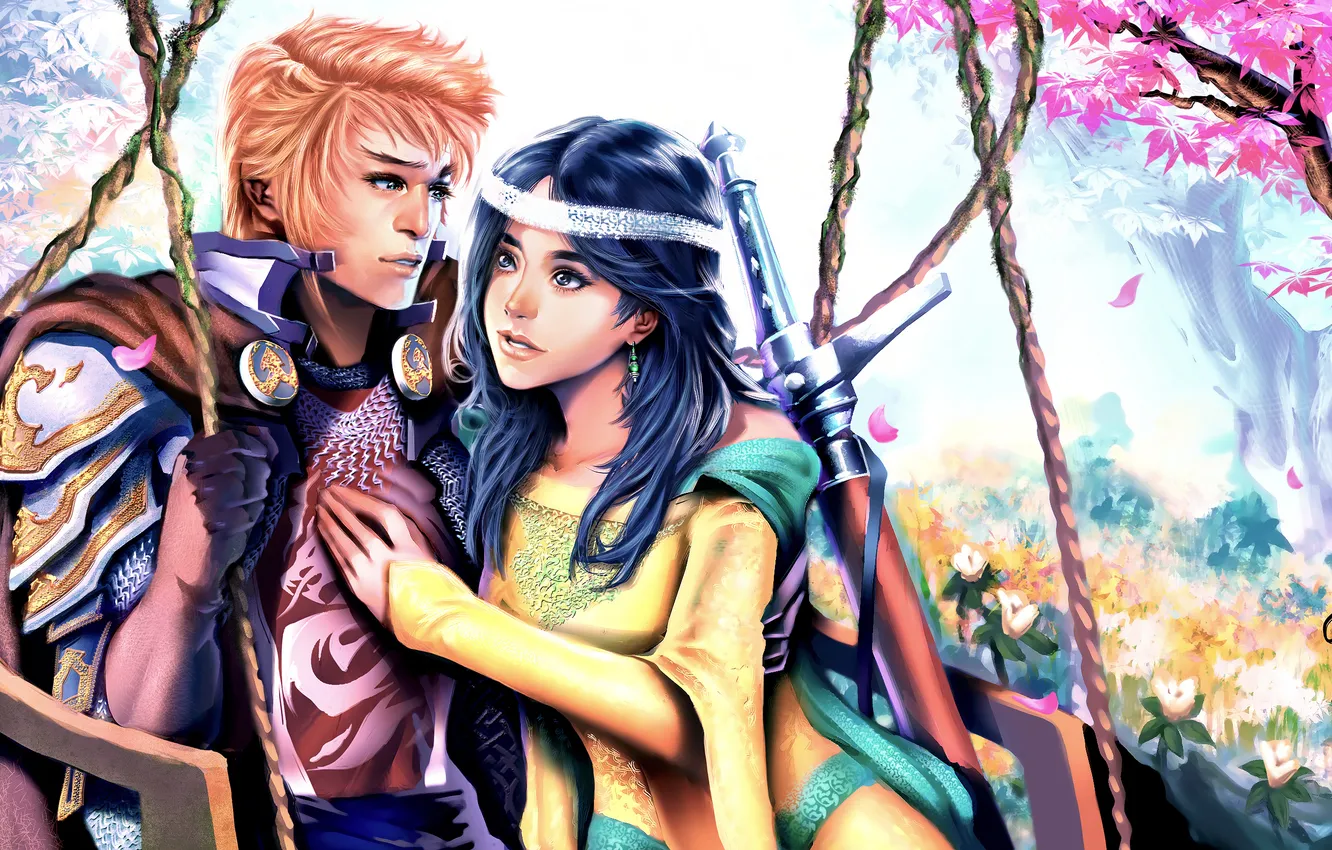 Photo wallpaper girl, trees, swing, sword, art, guy