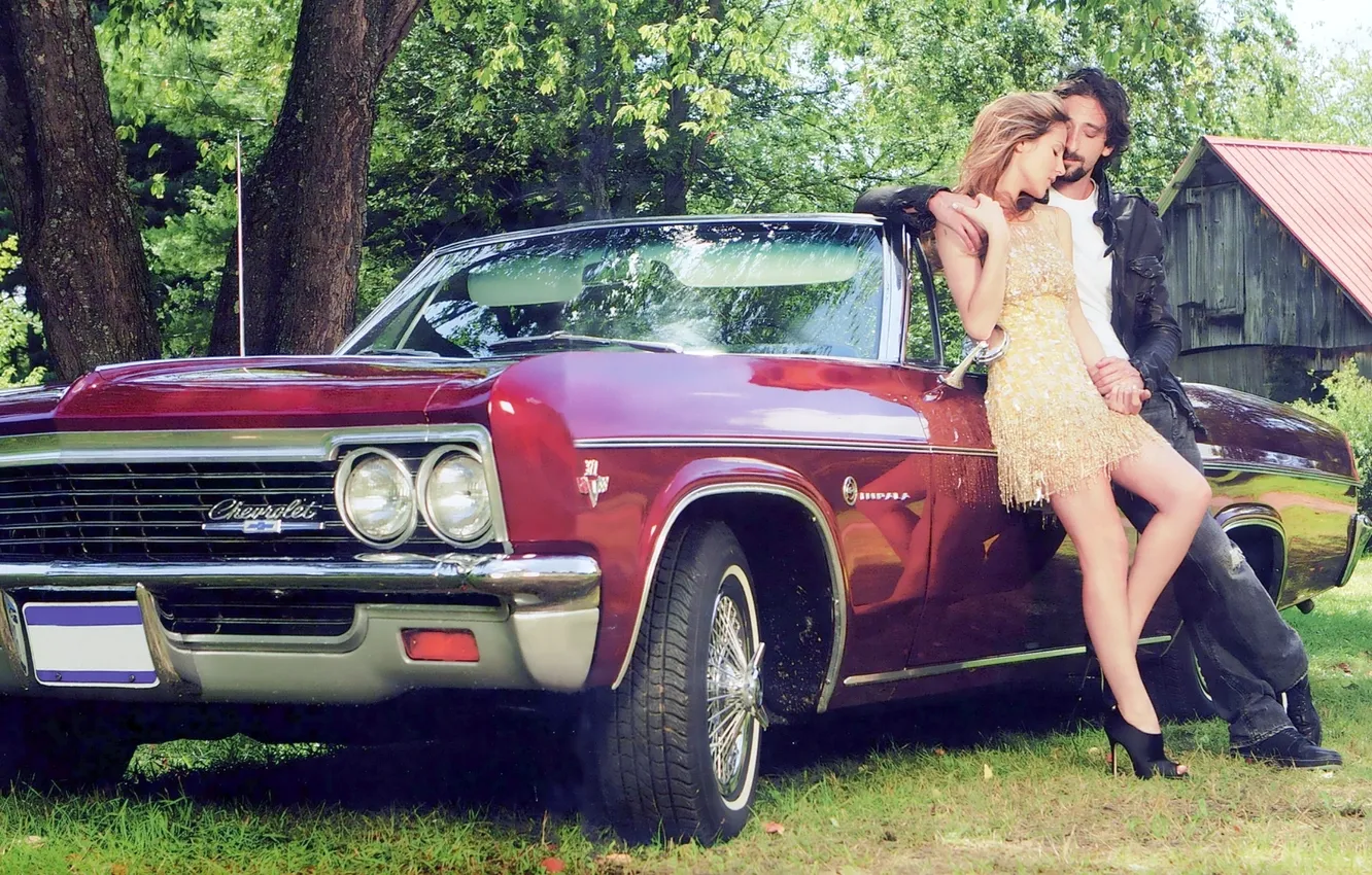 Photo wallpaper trees, house, Chevrolet, Chevrolet, red, 1964, Impala, Impala