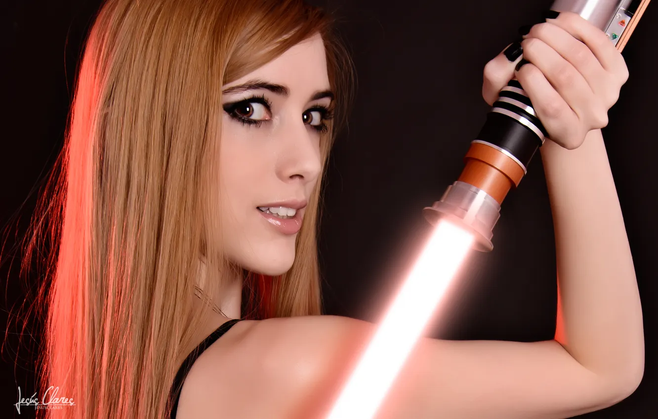 Photo wallpaper look, girl, lightsaber, Sith, simple background